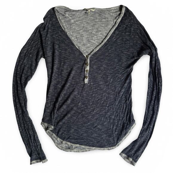 BKE Women’s XL Slub Knit Henley Long Sleeve Top Navy Blue V Neck Rayon - Picture 1 of 7
